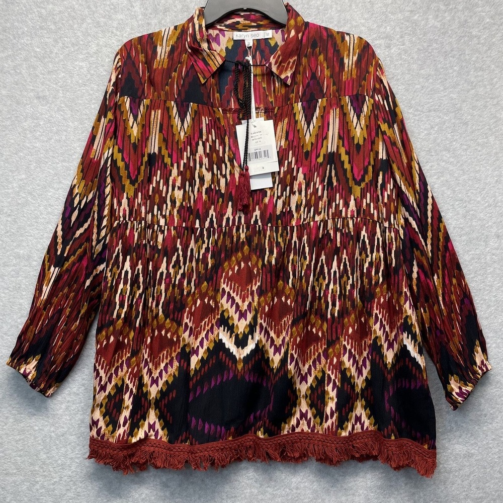 Karyn Seo Lara‎ Top Womens Medium Red Geometric Crepe Tassel Fringe Tunic Blouse